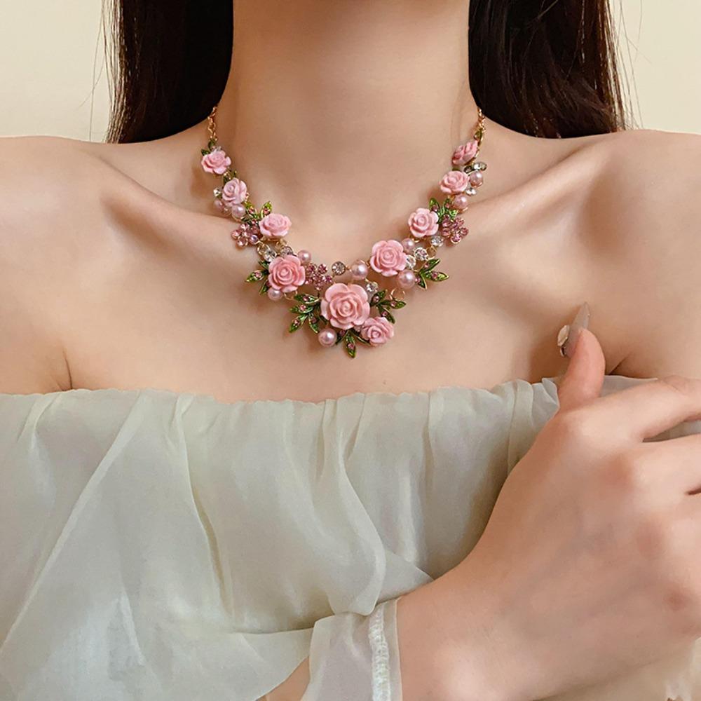 Pearl Rose Flower Necklace Rhinestone Women Jewelry Temperament Stud Earrings  Vacation