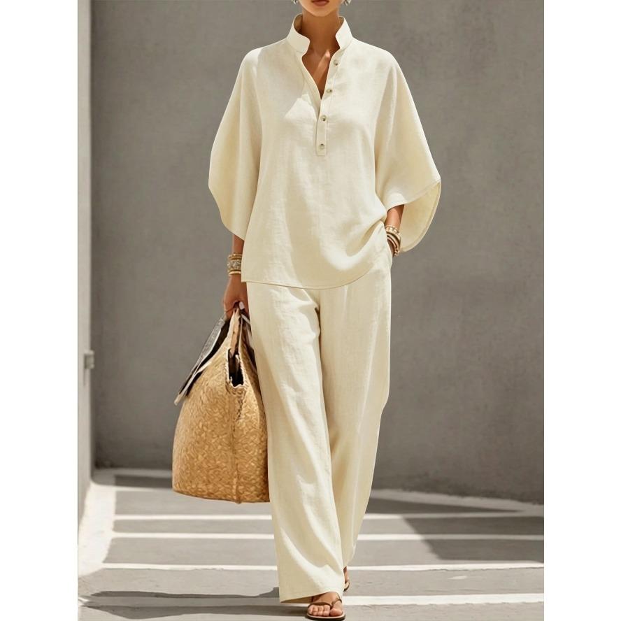 YYFS Moda Donna Casual Estate Primavera Colore Solido Stampa Manica 3/4 Scollo a V Pantaloni Completi Pantaloni