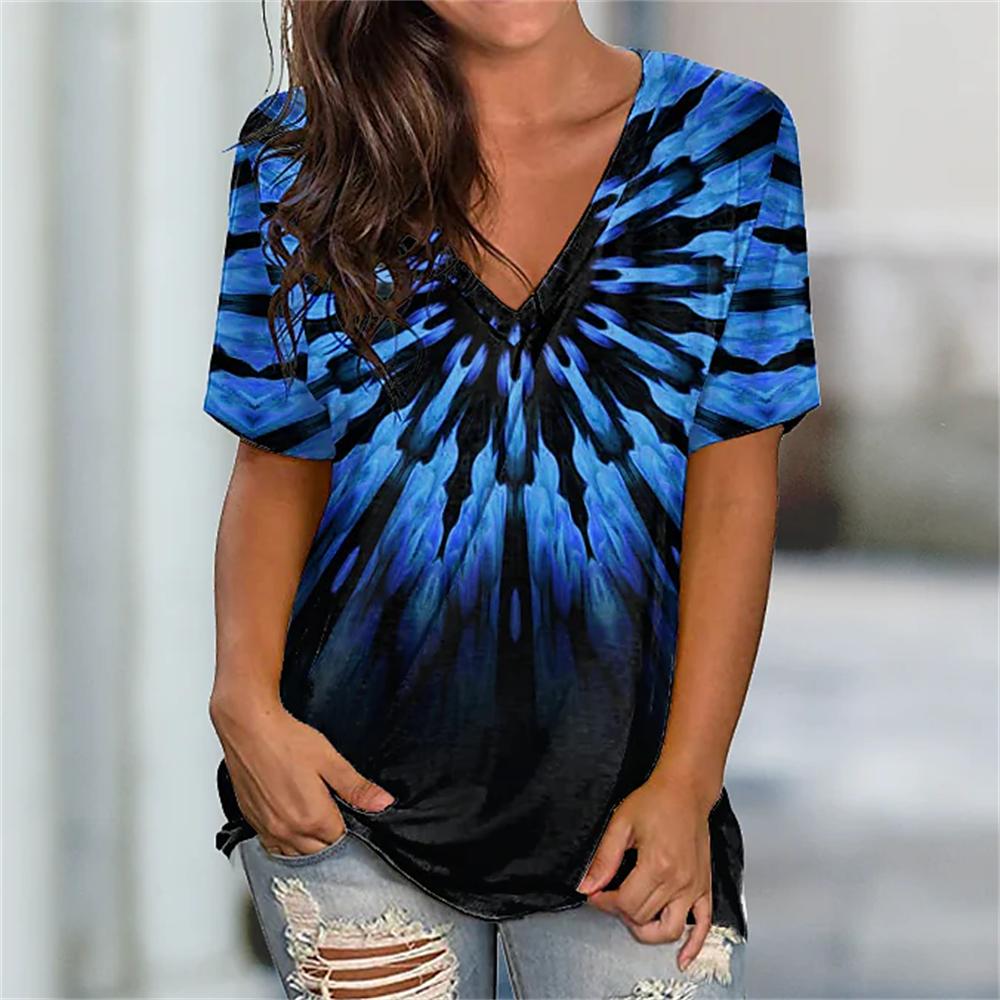 Summer V-neck 3D Printed Top Fashionable Casual Short Sleeved Women's T-shirts