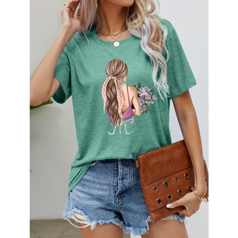 T-shirt décontracté pour femme à motif imprimé, coupe ample, manches courtes