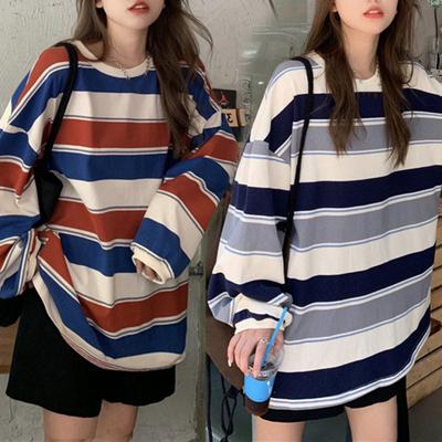 Women T-shirt Long Sleeve Loose Round Neck Casual Retro All-matched Striped Streetwear Women Loose Top for Daily Wear