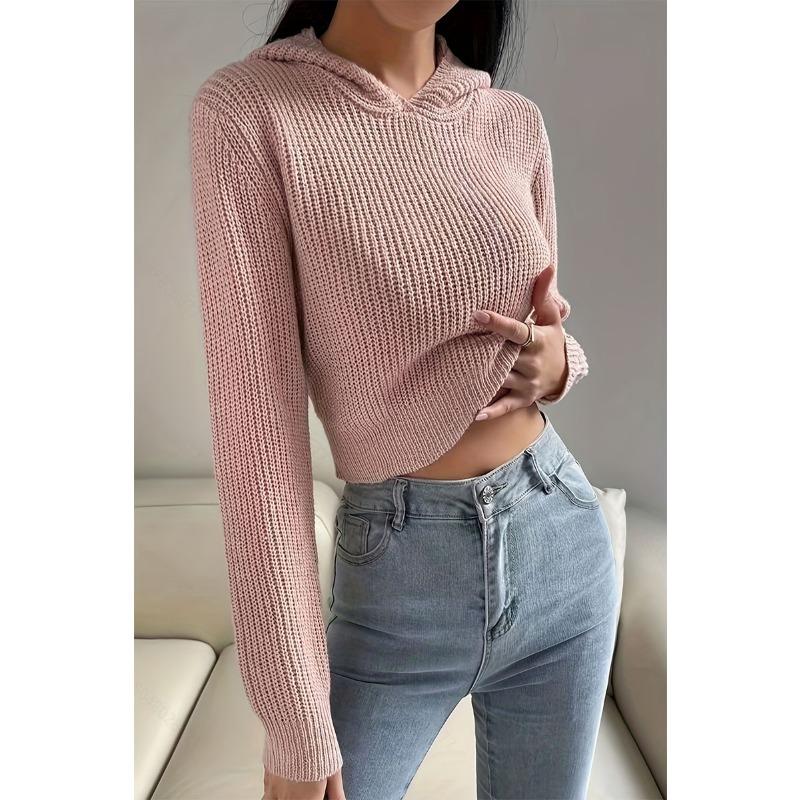 Damski sweter dzianinowy z kapturem, jednolitym kolorem, wiązaniem z tyłu, odkrytymi plecami, długim rękawem, swobodny sweter do pracy