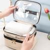 Double-layer Cosmetic Bag Solid Color PU Transparent Wash Handbag INS Fashion Waterproof Travel Portable Large Capacity Storage Bag