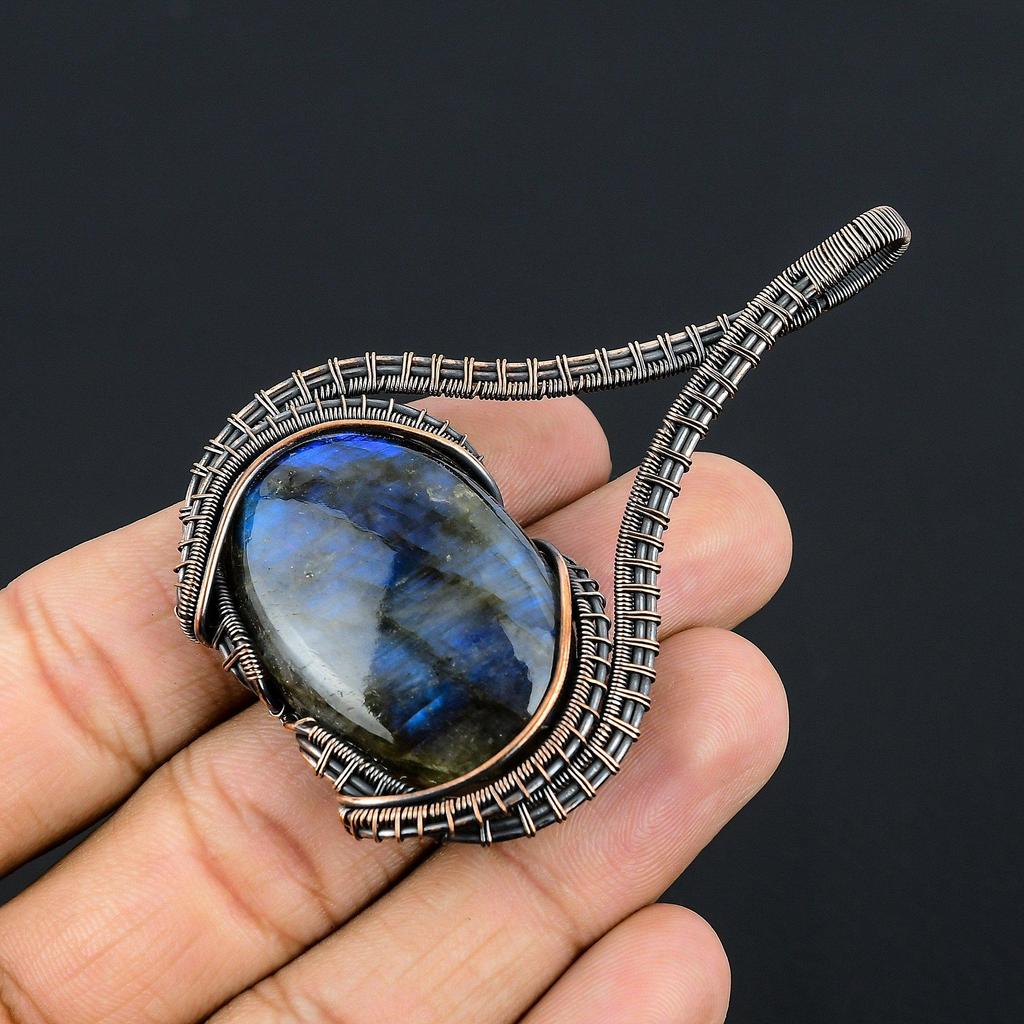 Labradorite Pendant, Handmade Gemstone 999 Copper Wire Wrapped Pendant Antique Jewelry, For Gift Silver Jewelry