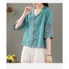 Summer Women's Clothing Shirts Blouse Blusa Mujer Vintage Casual Camisas Women Blouses Linen V Neck Embroidery