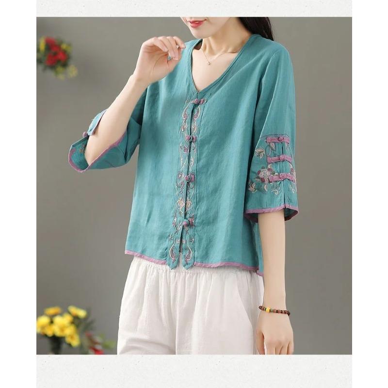 Summer Women's Clothing Shirts Blouse Blusa Mujer Vintage Casual Camisas Women Blouses Linen V Neck Embroidery
