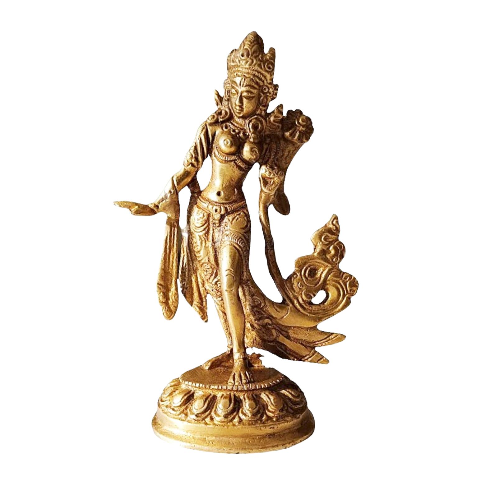 Goddess Tara Devi Idol, Buddhist Tara Murti, Decorative Sculpture, Brass -12 Cm