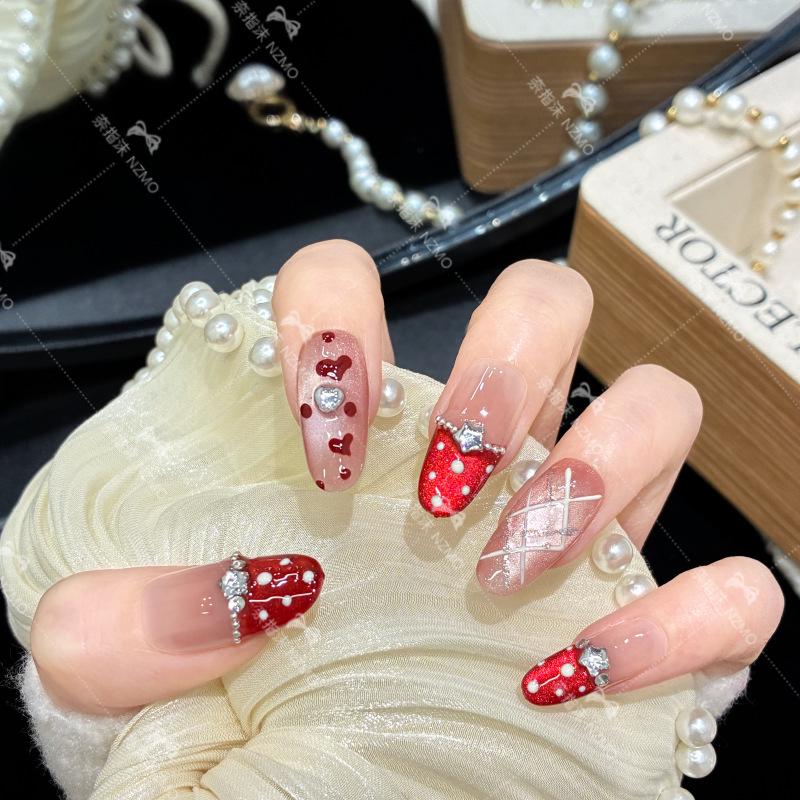 L98 Wine Red Polka Dot French Luxury Whitening Handmade Wearable Nails M (Medium Oval)