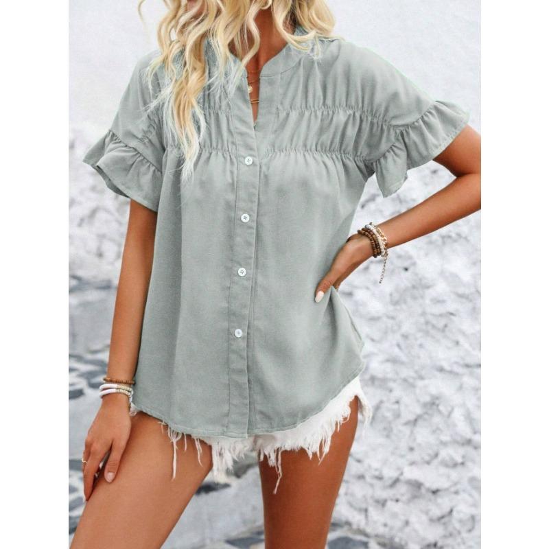 YYFS Women's Fashion Casual Summer Spring Solid Color Print Short Sleeve V-Neck Blouses & Shirts