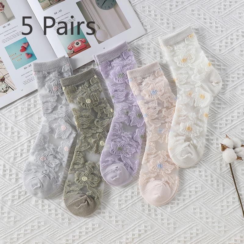 5 Pairs of Women's Summer Super Thin Polka Dot Cotton Sole Anti Hook Embroidered Clear Crystal Stockings