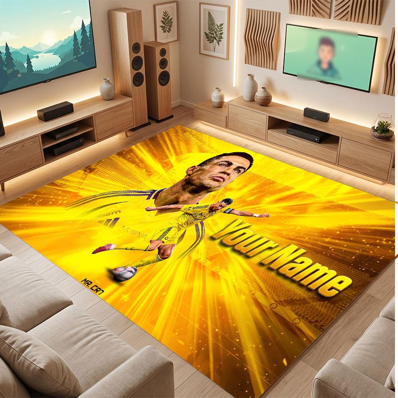 Cristiano Ronaldo Custom Crystal Velvet Rug, Personalized Name Text Print, Football Logo Soft Non‑Slip Floor Mat Home Decor Gift