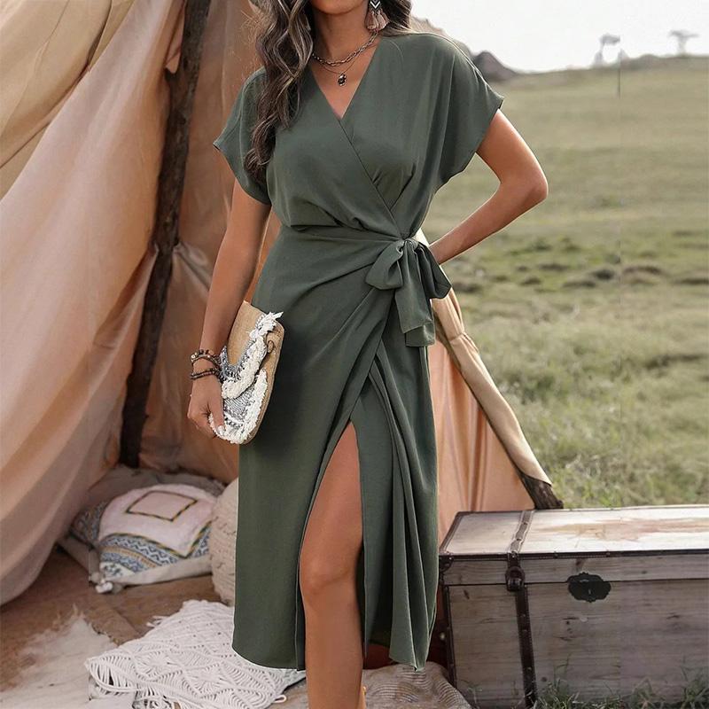 Women's Satin Wrap Dress with Side Slit Solid Color Elegant Bodycon Midi Dress