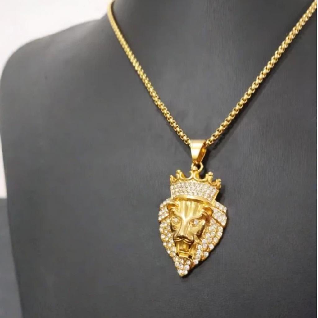 AAA CZ Crown Lion King Pendant Gold Silver Plated Punk Hip Hop Animal Lion Lion Head Men's Stainless Titanium Steel Necklace