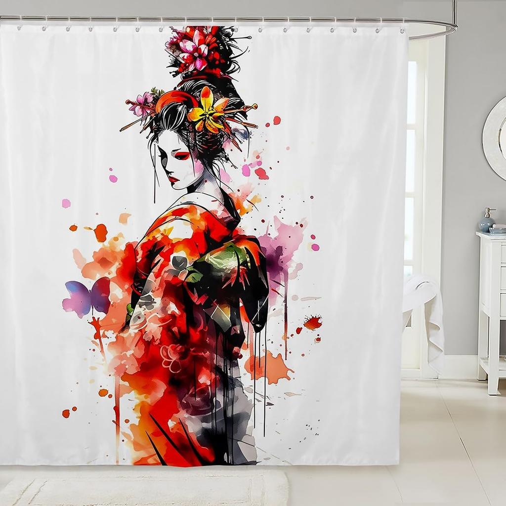 Boys Girls Japan Style Shower Curtain Japanese Geisha Bath Curtain Cherry Blossoms Bathroom Accessories Kids Teens