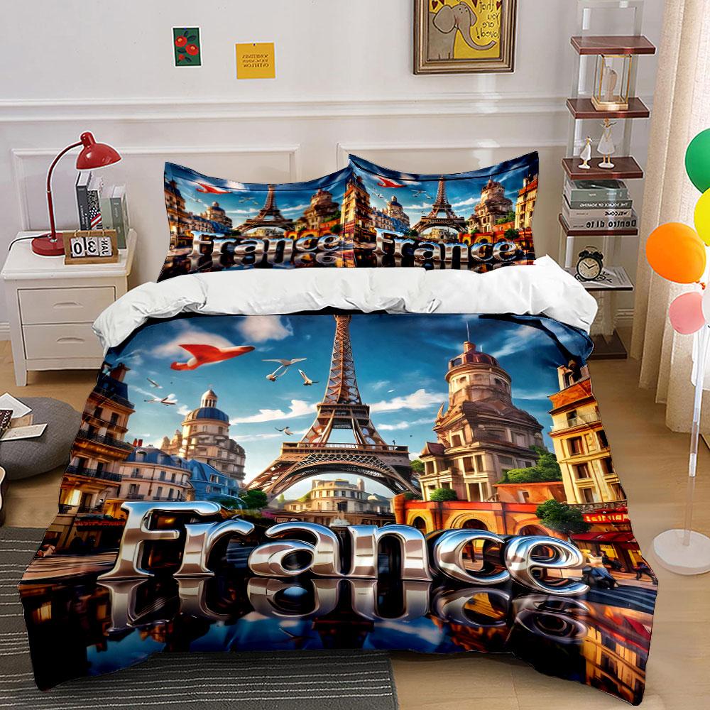 Eiffel Tower And French Streetscape Duvet Cover Set With 3D Printing Design Soft Polyester Bedding Set All-Season Comfort