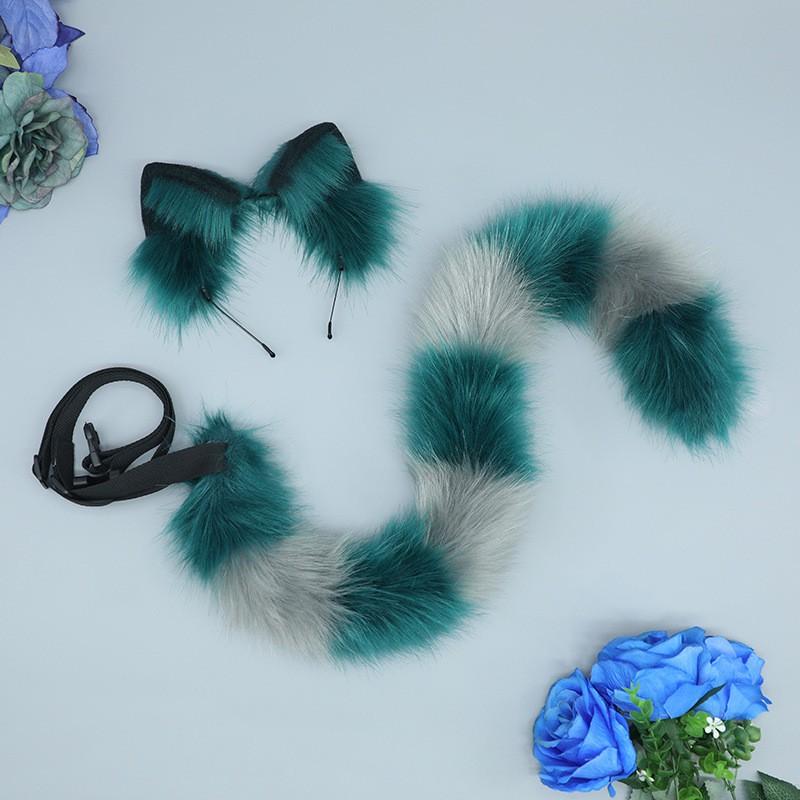 Plush Cheshire Cat Ears Headband Tail Set Cosplay Anime Convention Costume Accessory Adult