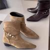 ~ Korean Niche Suede Thick Heel Small Square Head Western Cowboy Boots Short Boots Women'S Autumn And Winter New Thin Boots