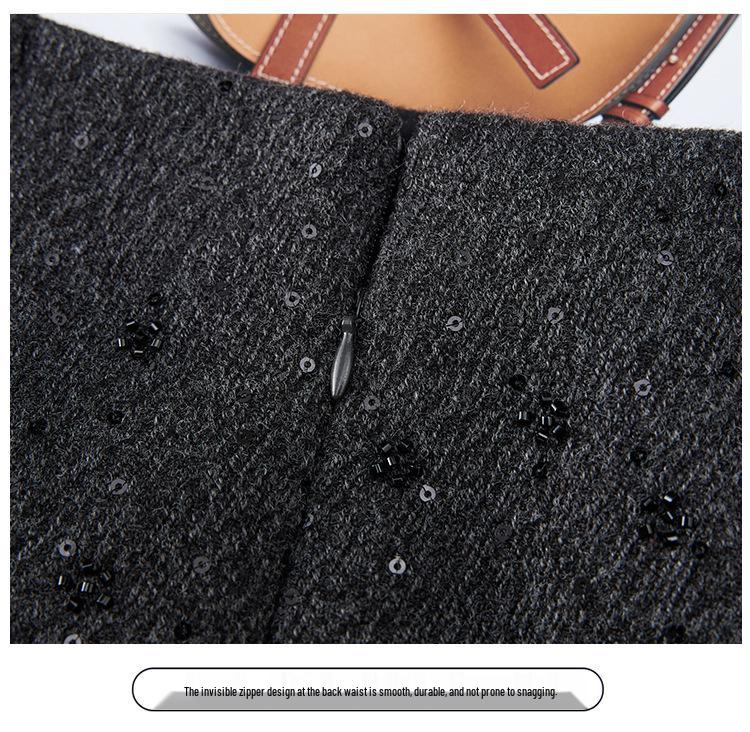 Women's High-Waist Sequined Wool A-line Skirt - Autumn/Winter