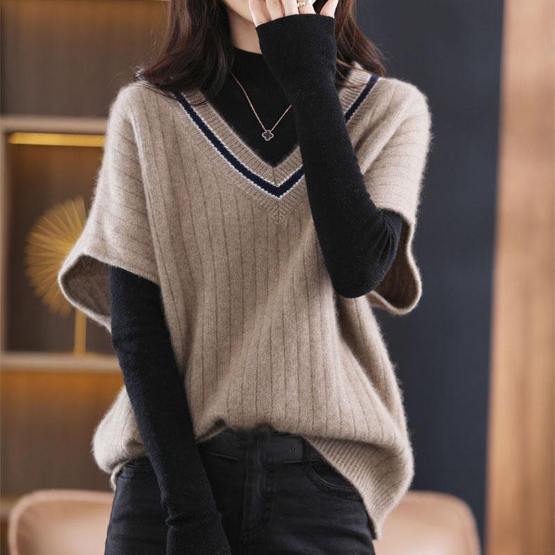 Toamnă Iarnă Vestă tricotată pentru femei, cu decolteu în V, largi, color-bloc, tricot, pulover fără mâneci