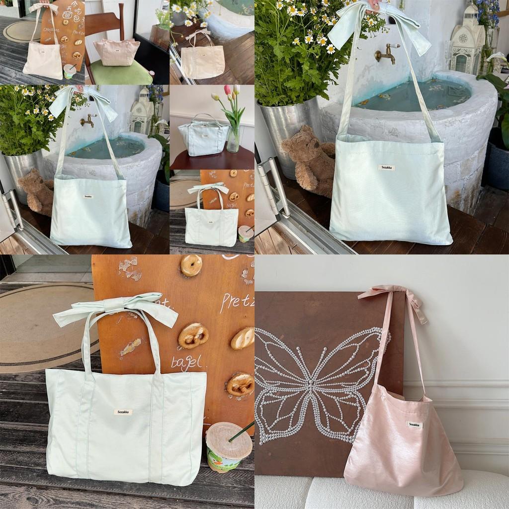 Trendy Soft Tote Bag With Bow For Women 2024 Everyday Use Pink Green Beige