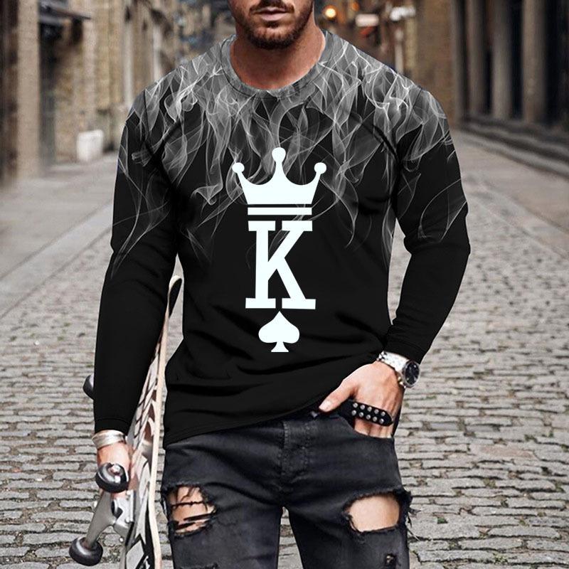 Spring and Autumn Round Neck "King K" Flame Pattern 3D Printed Top Fashionable Casual Long Sleeved Men's T-shirts