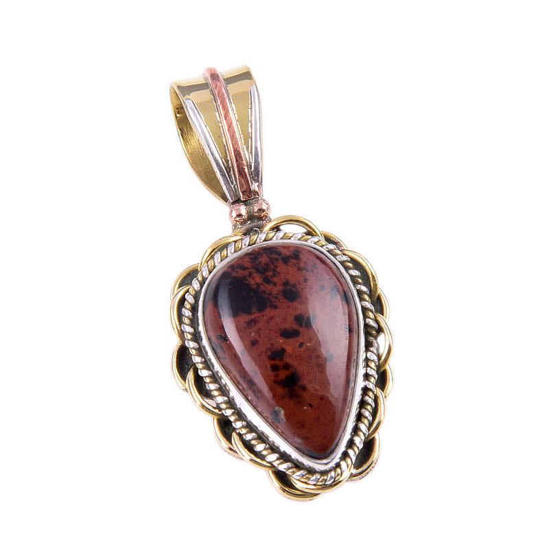 Natural Mahogany Obsidian Gemstone 925 Solid Silver Two Tone Pendant 1.50" F9V24