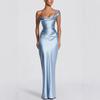Fashion Women's Satin One Shoulder Long Dress Bandage Pleated Backless Sleeveless Dresses Summer Lady Party Evening Robes new