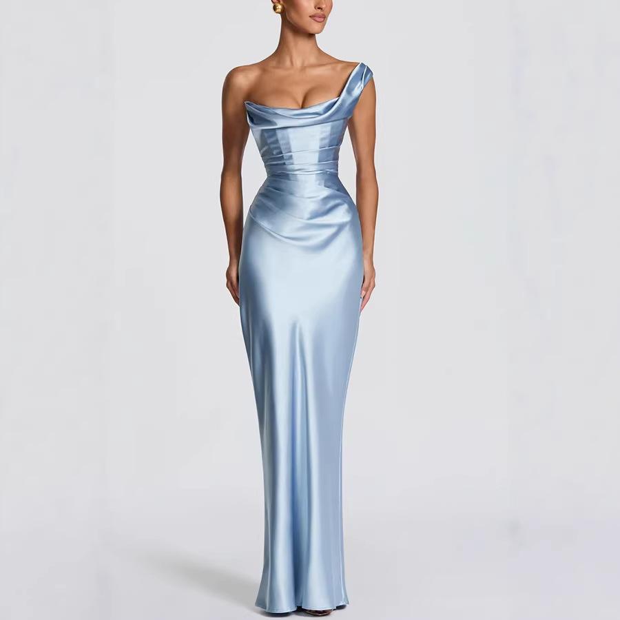 Fashion Women's Satin One Shoulder Long Dress Bandage Pleated Backless Sleeveless Dresses Summer Lady Party Evening Robes new