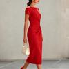 Rochie elegantă midi cu drapaje în talie pentru femei, cu mâneci scurte, decolteu bărcuță, bodycon, pentru evenimente formale și petreceri