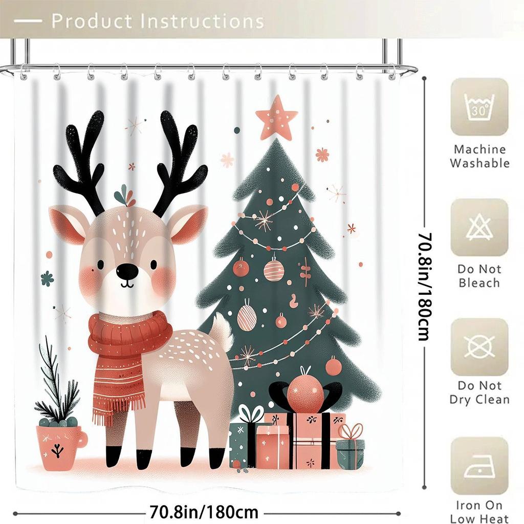 Christmas Merry Christmas 1/4pcs Winter Decoration Shower Curtain Set with 12 Hooks, Waterproof Shower Curtain, Non-Slip Bath Ma