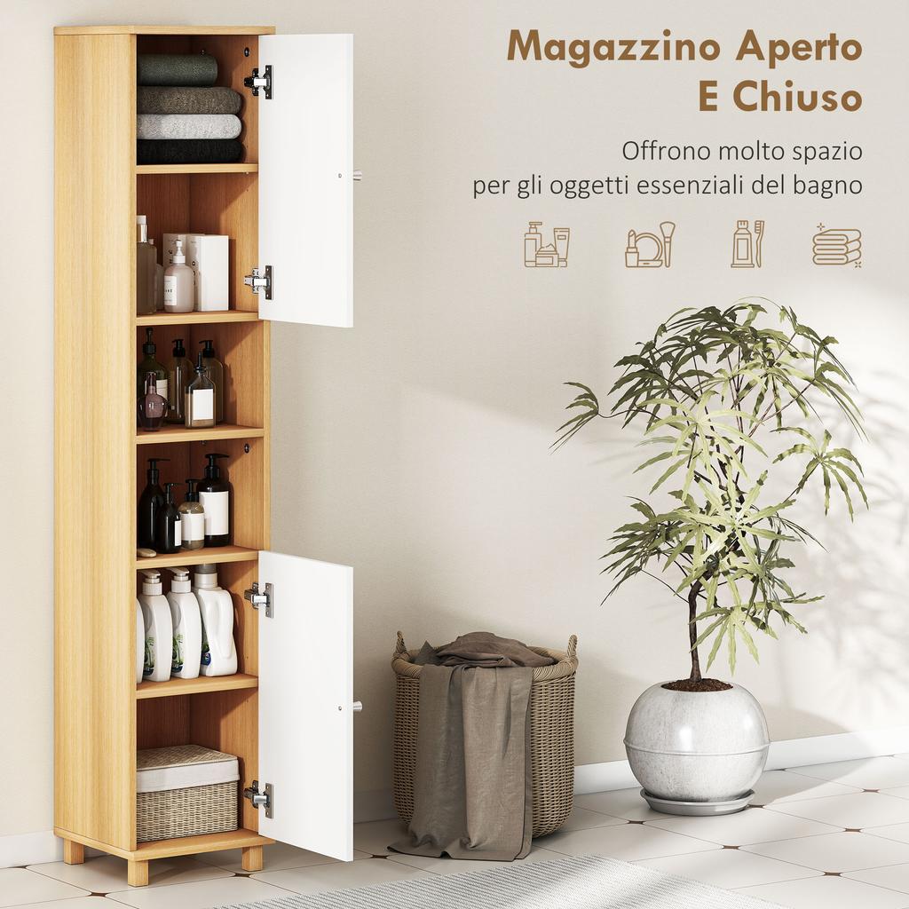 Bathroom Cabinet With 2 Cupboards And Open Shelves Adjustable Internal Shelves 30x30x166 Cm White And Wood