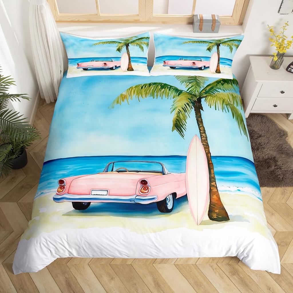 Kinder Surfbrett Bettbezug Einzelbett Queen Hawaii Ozean Surfen Bettwäsche Set Jungen Teenager Männer Meer Küsten Blumen Dekor Bettdeckenbezug