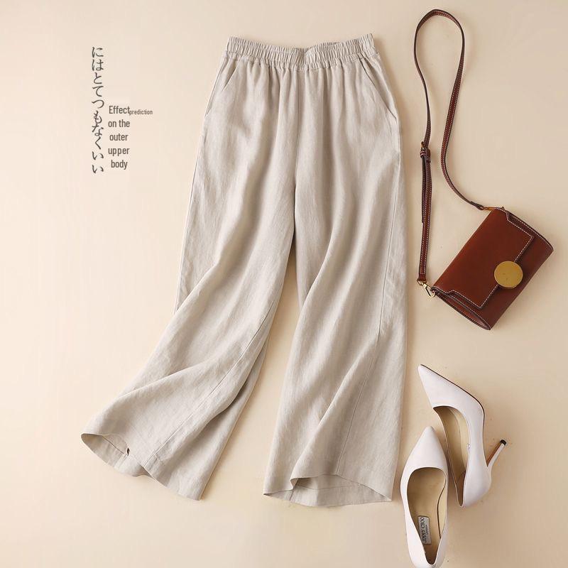 

Women s Plus Size Cropped Wide-Leg Pants - Washed Cotton, High-Waisted, Casual & Loose with Pockets. 2XL (recommended for 55-62.5 kg)