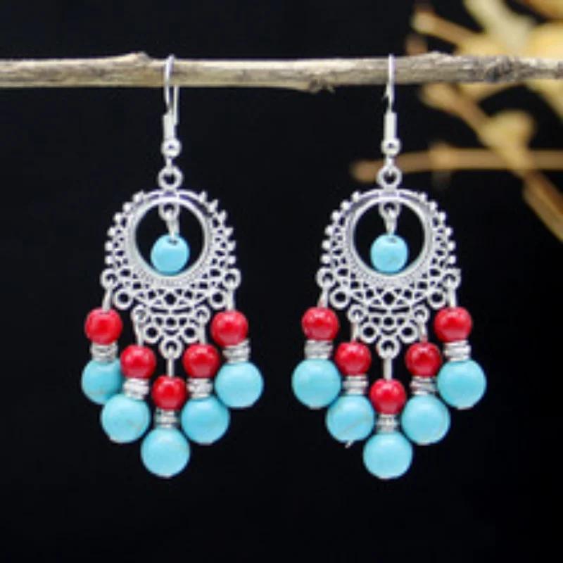 Bohemian fringed turquoise earrings retro ethnic style earrings personality temperament ear jewelry