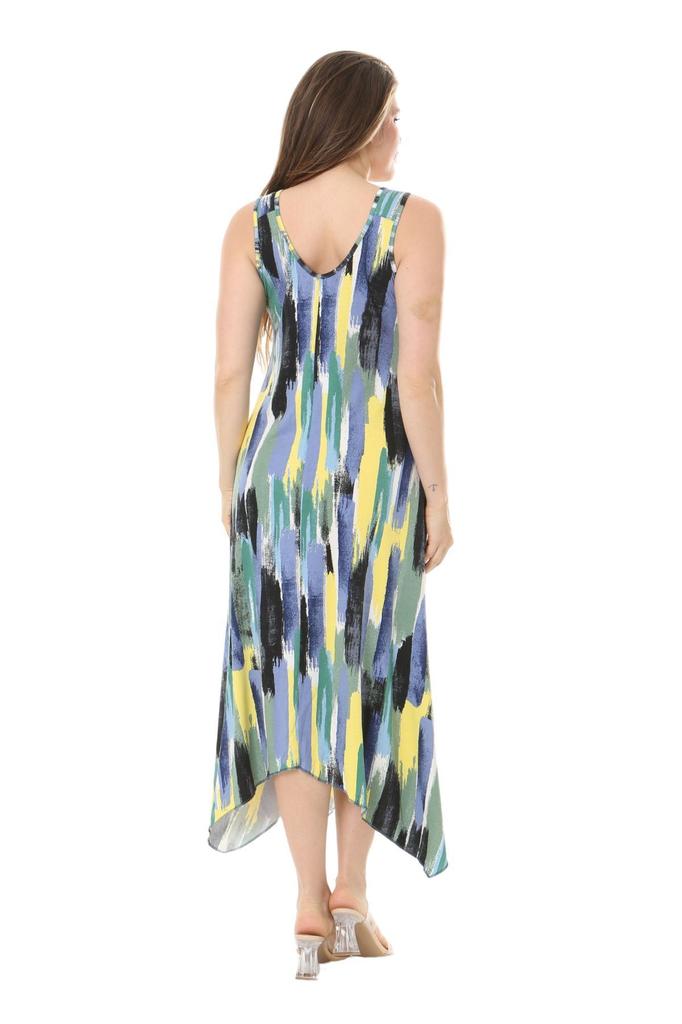 Damen Große Größe Kleid Blau Ölmalerei Muster Schnalle Detailliertes Trägerkleid