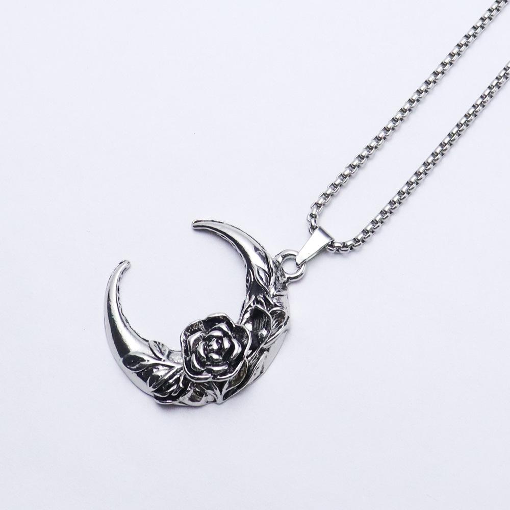 Gothic Rose Moon Necklace: Unisex Vintage Dark High Street Pendant, Romantic & Trendy for Couples