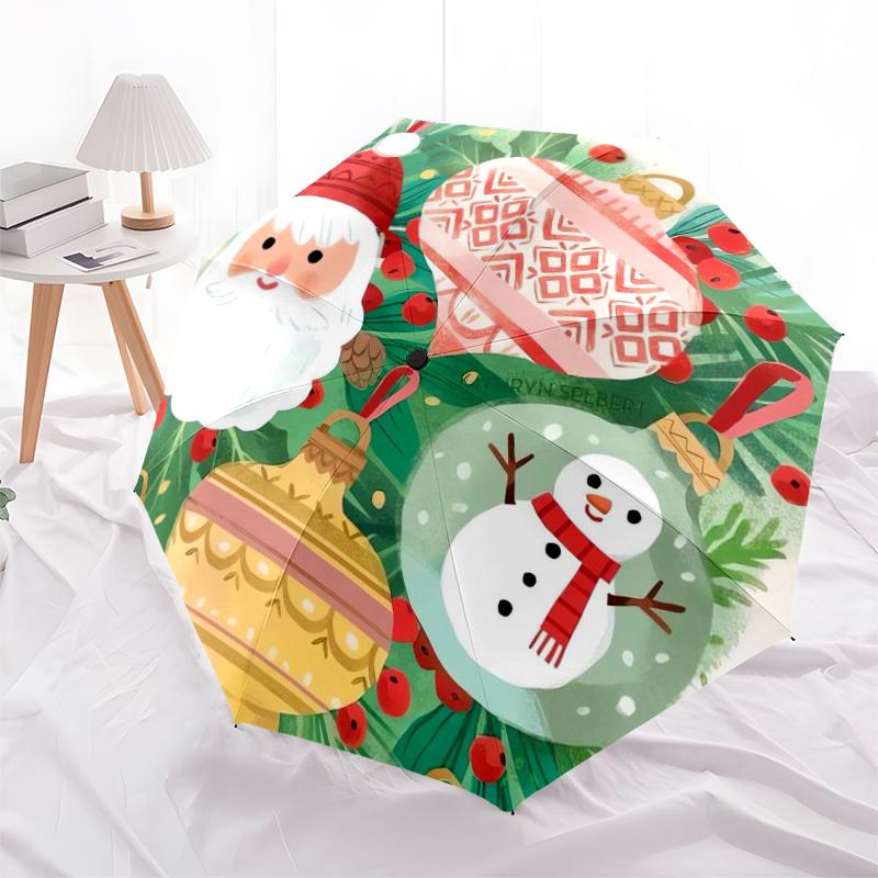 1pc Christmas ornaments and snowman illustration. Umbrella with Plastic Handle,Suitable for All Seasons Home Travel Outdoor UmbrellaDD226
