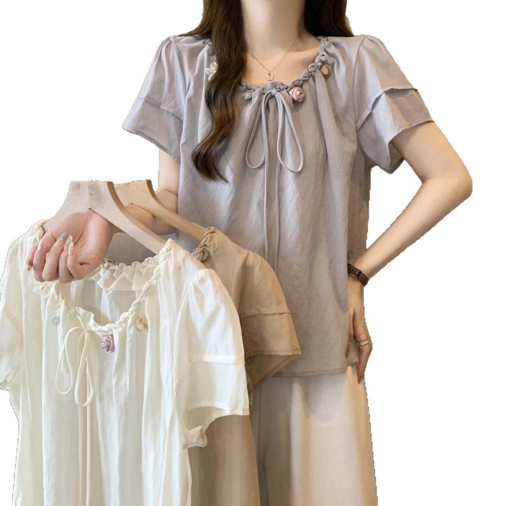 Plus Size Floral 3D Patchwork Chiffon T-shirt - Women's Summer Short Sleeve Loose Fit Top