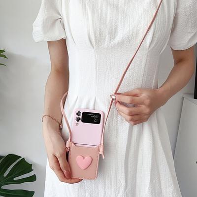 Crossbody Lanyard Necklace Strap 3D Love Case for Samsung Galaxy Z Flip 5 4 3 Flip5 Flip4 Flip3 5G Card Holder Leather Cover