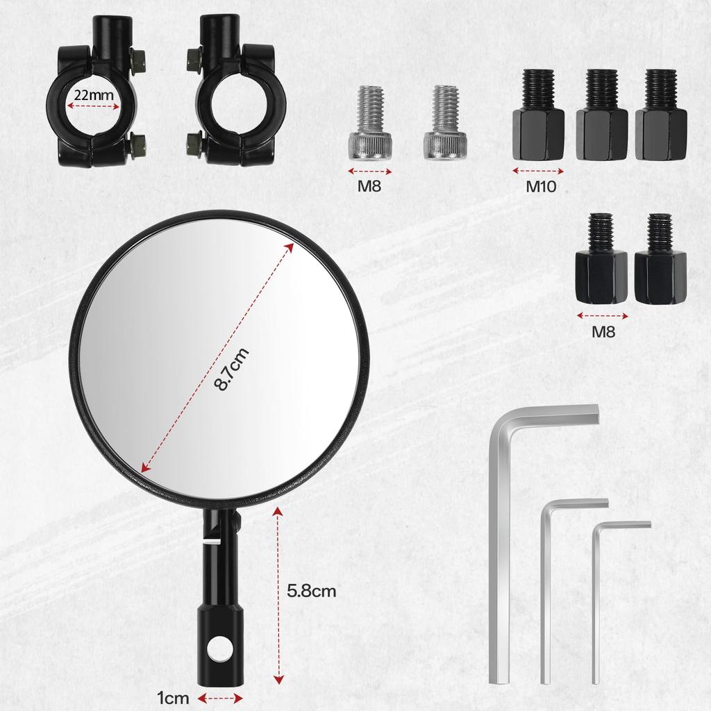 Esploratori Motorcycle Handlebar Handlebar End Mirror with Compatible with and Round Black Convex Mirror Mirror, Dual-Use Stand, 360° Adjustable,