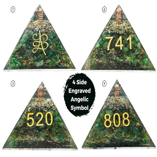 Zertifizierte Grüne Aventurin Pyramide mit Zibu Symbolen Kristall, Heim Glücksstein, mit Stein zur Geld- und Reichtumsmanifestation