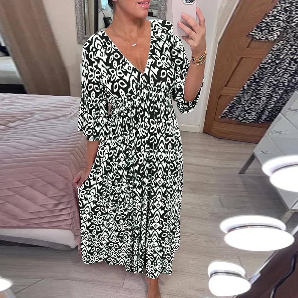 Women's Fashionable Casual Printed V-Neck Dress With Tunic Waist Ruffle Sleeves 3/4 Sleeves A-Line Dress