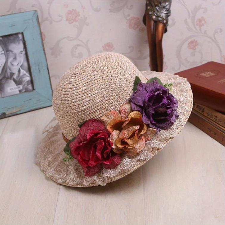 New 2026 Lace Floral Embellished Wide Brim Straw Sun Hats for Women Sun Protection Beach Hats Hat for Women Gifts