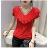 Summer Short Sleeved V Neck Women's T Shirt Elegant Slim Hot Drilling Ruffles Mesh Tees