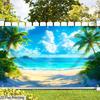 2D Framing Palm Tree Beach Backdrop with White Clouds & Turquoise Water