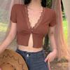 Women Hollow Out Front Split Hem V-Neck T-Shirts Knitted Short Sleeve Crop Tops Cardigan Tees Summer Casual Lady Plain Clothes