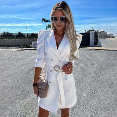 Kadın İş Elbisesi Kemerli Bel Aşağı Yaka V Yaka Çift Düğmeli Uzun Kollu OL İş Seyahati Resmi Stil Düz Renk Mini Elbise