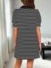 Womens Striped Polo T Shirt Dress V Neck Puff Sleeve Mini Dress with Pockets