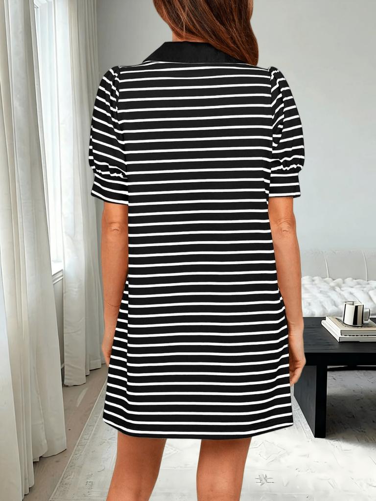 Womens Striped Polo T Shirt Dress V Neck Puff Sleeve Mini Dress with Pockets