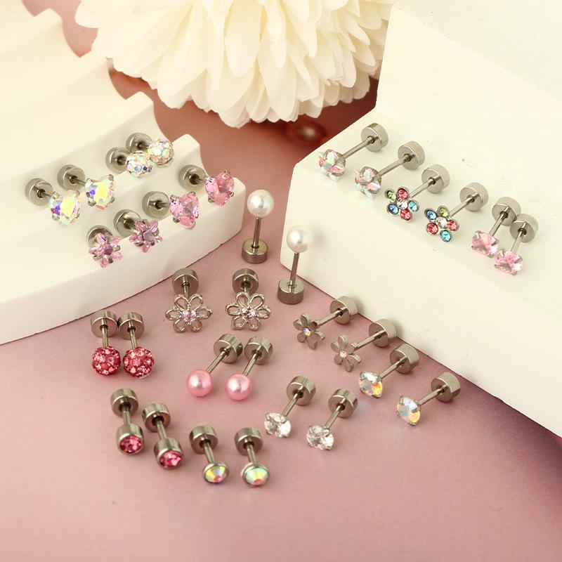 Stainless Steel Floral Screw Stud Earrings for Women - Small Round Disc Design, Thin Needle, Helix Set